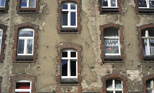 Houses adjacent to the shipyards, Gdansk, Poland, 2015.  Creator: Unknown.