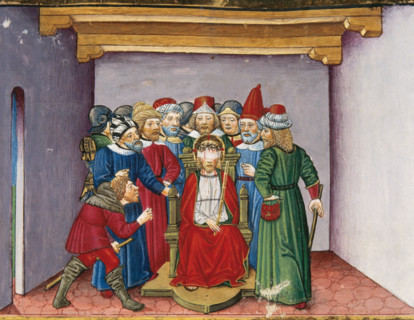 Miniature depicting Jesus, in crimson robes, tortured and mocked, 1476.  Creator: Cristoforo De Predis.