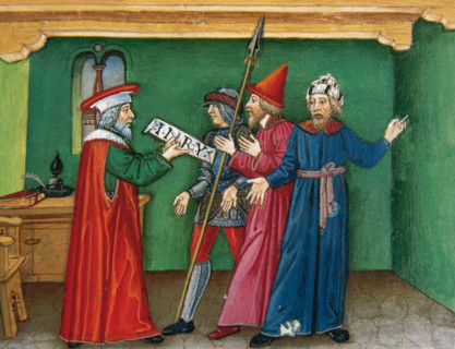 Miniature depicting Pilate with an inscription which reads: Jesus of Nazareth, king of the..., 1476. Creator: Cristoforo De Predis.