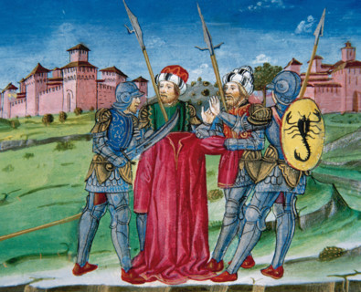 Miniature depicting soldiers raffling the tunic of Jesus, 1476.  Creator: Cristoforo De Predis.