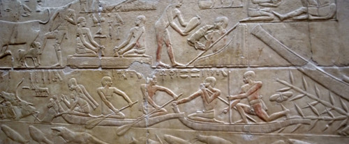 Daily life and men in a ship on the Nile, polychrome relief, Mastaba of Kagemni, Saqqara,Egypt, 2003 Creator: Unknown.
