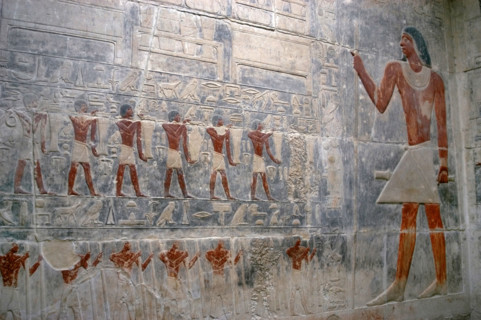 Offering bearers and deceased's portrait, polychrome relief, Mastaba of Kagemni, Saqqara,Egypt, 2003 Creator: Unknown.
