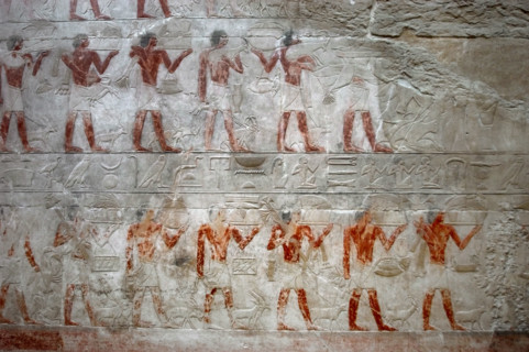 Offering bearers, polychrome relief, Mastaba of Kagemni, Saqqara, Egypt, 2350 BC (2003). Creator: Unknown.