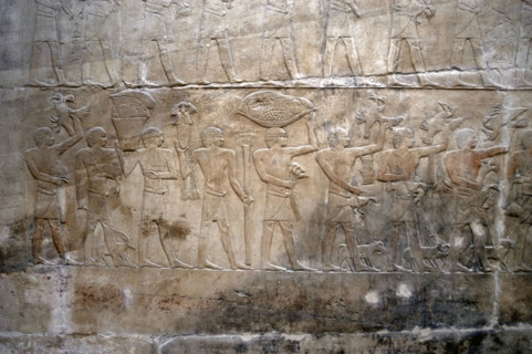 Offering bearers, polychrome relief, Mastaba of Kagemni, Saqqara, Egypt, 2350 BC (2003). Creator: Unknown.