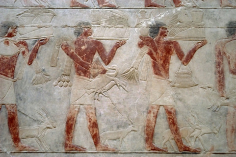 Offering bearers, polychrome relief, Mastaba of Kagemni, Saqqara, Egypt, 2350 BC (2003). Creator: Unknown.