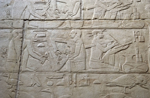 Feeding a cow and scribe relief, Mastaba of Kagemni, Saqqara, Egypt, 2350 BC (2003). Creator: Unknown.