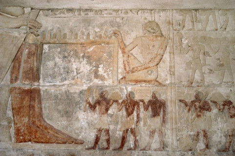Polychrome relief depicting offering bearers to Mereruka, Mastaba of Mereruka, Saqqara, Egypt, 2003. Creator: Unknown.