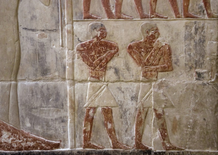 Polychrome relief depicting two Egyptian men, Mastaba of Mereruka, Saqqara, Egypt, 2003. Creator: Unknown.