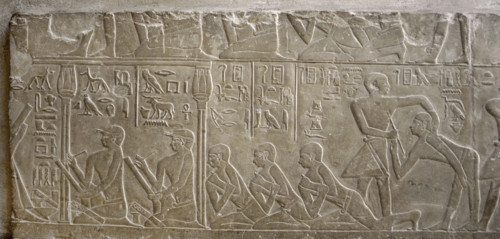 Relief depicting scribes, Mastaba of Mereruka, Saqqara, Egypt, Old Kingdom, 2340 BC (2003). Creator: Unknown.