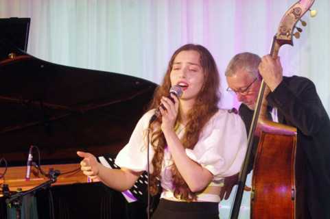 Anais Reno and Dave Green, Anais Reno Quartet, Watermill Jazz Club, Dorking, Surrey, July 2024. Creator: Brian O'Connor.