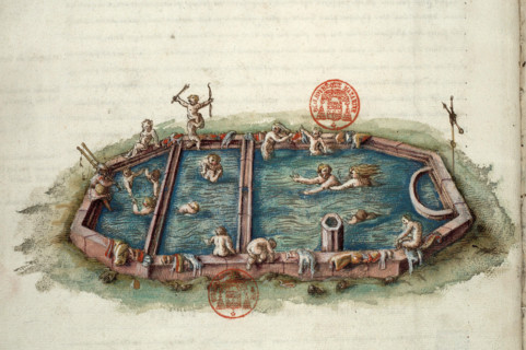 Bains de Néris-les-Bains. Miniature from Générale description du pais et duché de..., 1561-1574. Creator: Anonymous master.