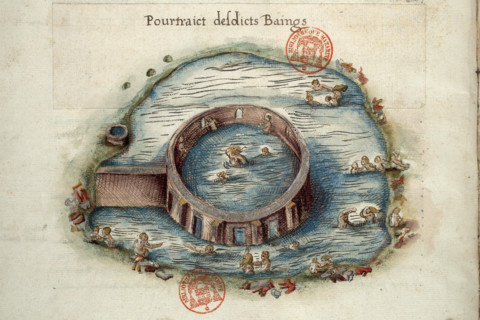 Bains de Bourbon-Lancy. Miniature from Générale description du pais et duché de Bourb..., 1561-1574. Creator: Anonymous master.