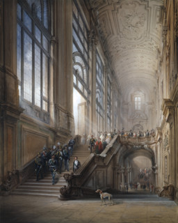 King Victor Emanuel II, Camillo Benso Count of Cavour with entourage on the steps of the..., 1853. Creator: Bossoli, Carlo (1815-1884).