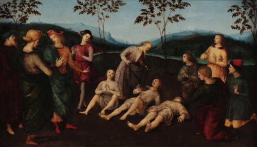 The miracle of Saint Eusebius of Cremona: Eusebius of Cremona raising Three Men from..., c1502-1503. Creator: Raphael (Raffaello Sanzio da Urbino) (1483-1520).