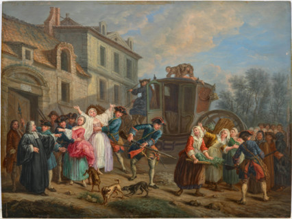 Parisian city scenes: arrest of prostitutes by the Provost Marshal and his guards, Mid 18th cent. Creator: Jeaurat, Etienne (1699-1789).