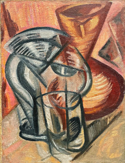 Ceramic vase and glass vessels, Early 1910s. Creator: Rozanova, Olga Vladimirovna (1886-1918).