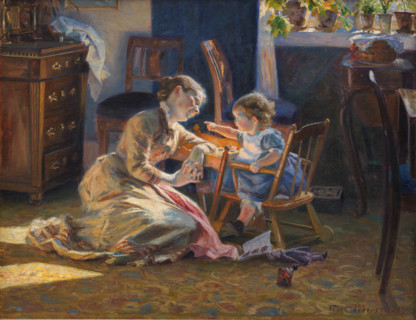 Sunshine in the Living Room. The Artist's Wife and Child, 1888. Creator: Pedersen, Viggo Christian Frederik Vilhelm (1854-1926).
