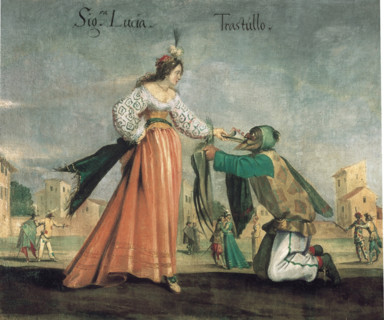 Scene from the Commedia dell'Arte: Signora Lucia and Trastullo. Creator: Anonymous.