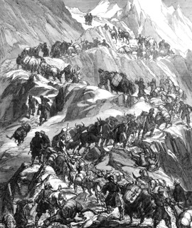 The Yarkund Mission: mules and baggage-train going over the Grim (Sanjoo) Pass, 1874. Creator: Unknown.