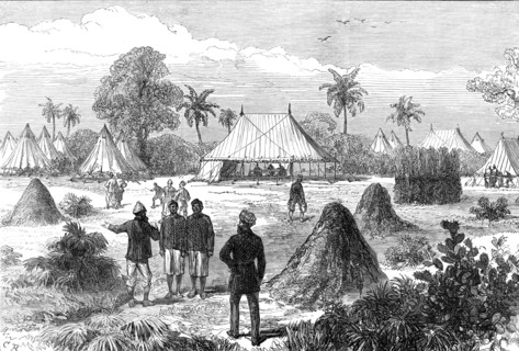 The Ashantee War: Captain Glover's head-quarters at Addah, from a sketch by our special artist, 1874 Creator: C. R..