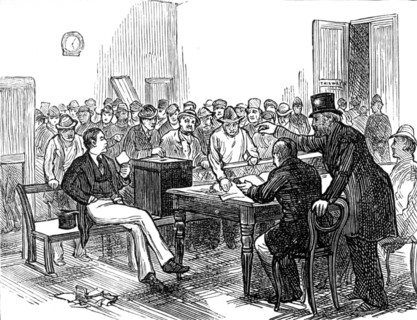 Metropolitan Boroughs election sketches: working men voting during the dinner hour, 1874. Creator: Unknown.