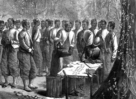 The Ashantee War: paying a West India regiment, from a sketch by our special artist, 1874. Creator: Jenkin.