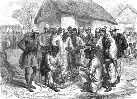 Sketches of the Ashantee War by our special artist: native soldiers playing at "Warry", 1874. Creator: Unknown.