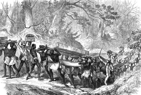 The Ashantee War: convoy of sick and wounded crossing a river on the road from Coomassie..., 1874. Creator: Unknown.