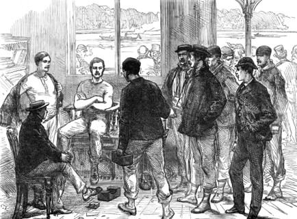 The Universities' Boat-Race on the Thames: weighing the crew, 1874. Creator: Unknown.
