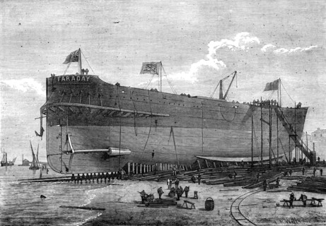 Launch of the Faraday, telegraph cable ship, 1874. Creator: Josiah Robert Wells.