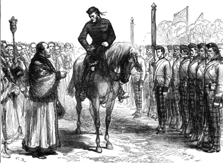 ...troops from the Ashantee War: the Mayor of Portsmouth congratulating the 42nd Highlanders, 1874. Creator: Unknown.