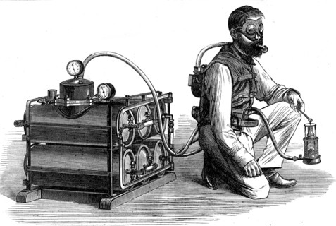 The Aerophobe, for exploring dangerous mines, 1874. Creator: Unknown.