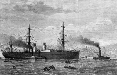 The French Transatlantic Company's steam-ship Amerique towed into Plymouth, 1874. Creator: Josiah Robert Wells.
