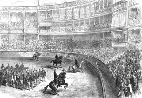 A bull-fight at Lisbon: the performers saluting the audience, 1874. Creator: Unknown.