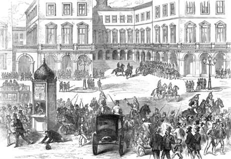 Paris Municipal Guard dispersing the crowd at the St. Lazare Railway Station, 1874. Creator: Unknown.
