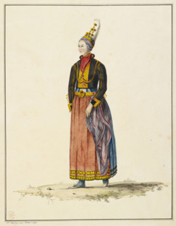 Drawing of an Icelandic woman in her bridal dress, 1772.  Creator: Sir Joseph Banks.