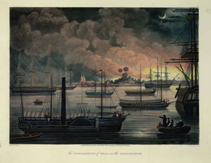 'The Conflagration of Dalla, on the Rangoon River', 1825.  Creator: George Hunt.