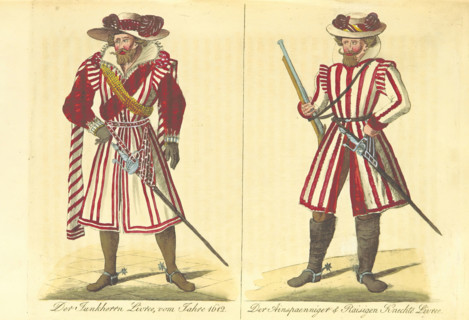 The Junkherrn's livery from 1612; the Ainspaenniger & Raisigen Servants' livery, (1860).  Creator: Unknown.