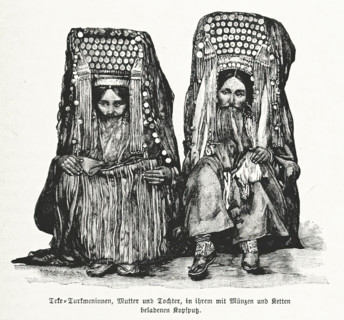 Turkmen mother and daughter, in their headdresses laden with coins and chains, 1892. Creator: Unknown.