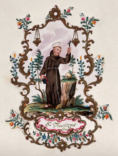 Saint Francis of Assisi, in a rococo frame, holding a Bible and a crucifix. Creator: Unknown.
