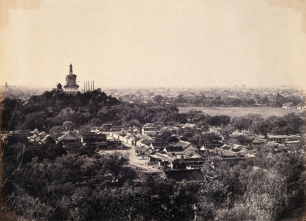 Beijing, China: the Buddhist temple surrounded by gardens and low buildings, during the..., 1860. Creator: Felice Beato.