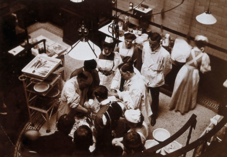 Charing Cross Hospital: Stanley Boyd in the old operating theatre, 1900 (1906). Creator: Unknown.