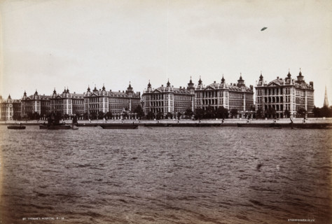 St Thomas's Hospital, Lambeth: exterior seen from across the Thames. Creator: Unknown.