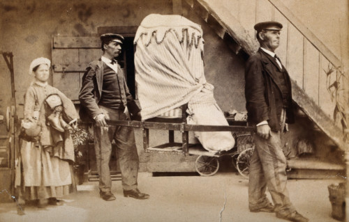 A patient covered by heavy blankets being carried away from the baths at Aix les Bains..., c1890s. Creator: Unknown.