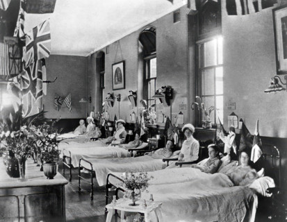 Hahnemann Hospital and Homeopathic Dispensaries, Liverpool: a women's ward, decorated..., [1910?]. Creator: Unknown.