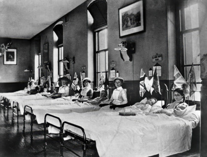 Hahnemann Hospital and Homeopathic Dispensaries, Liverpool: a women's ward, decorated..., [1910?]. Creator: Unknown.