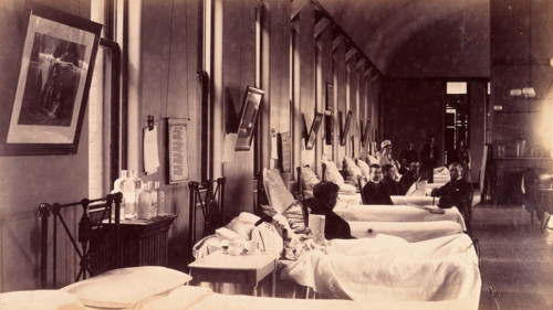 Bellevue Hospital, New York City: a ward for male patients with case-notes...,  c1885/1898. Creator: Unknown.