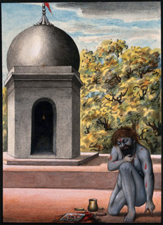A Hindu ascetic or holy man, performing austerities outside a temple (?), 1880. Creator: Unknown.