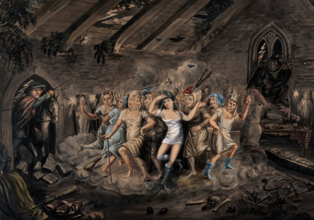 A man on horseback enters a church to discover an orgiastic sabbath. Creator: Unknown.