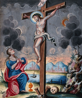 Saint Mary Magdalene clasps her hands before the crucified Christ. Creator: Unknown.